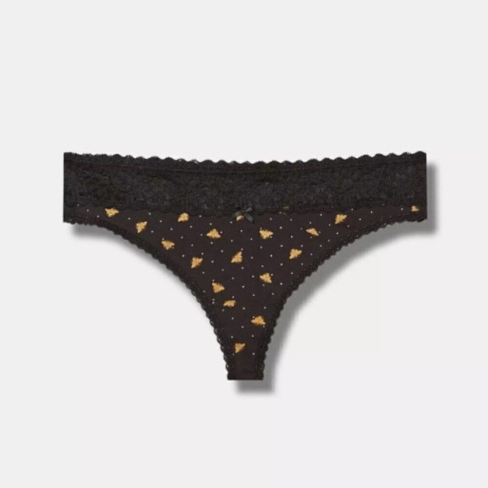 Torrid - Cotton Mid-Rise Thong Lace Trim Panty in Busy Bee Rich Black​​​​​​​